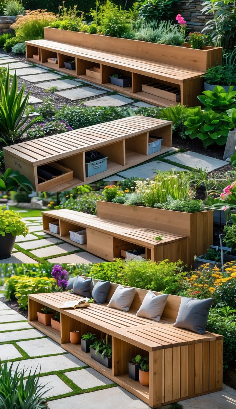 A garden with several wooden benches that have open hidden compartments storing garden tools and cushions, surrounded by green plants and flowers.