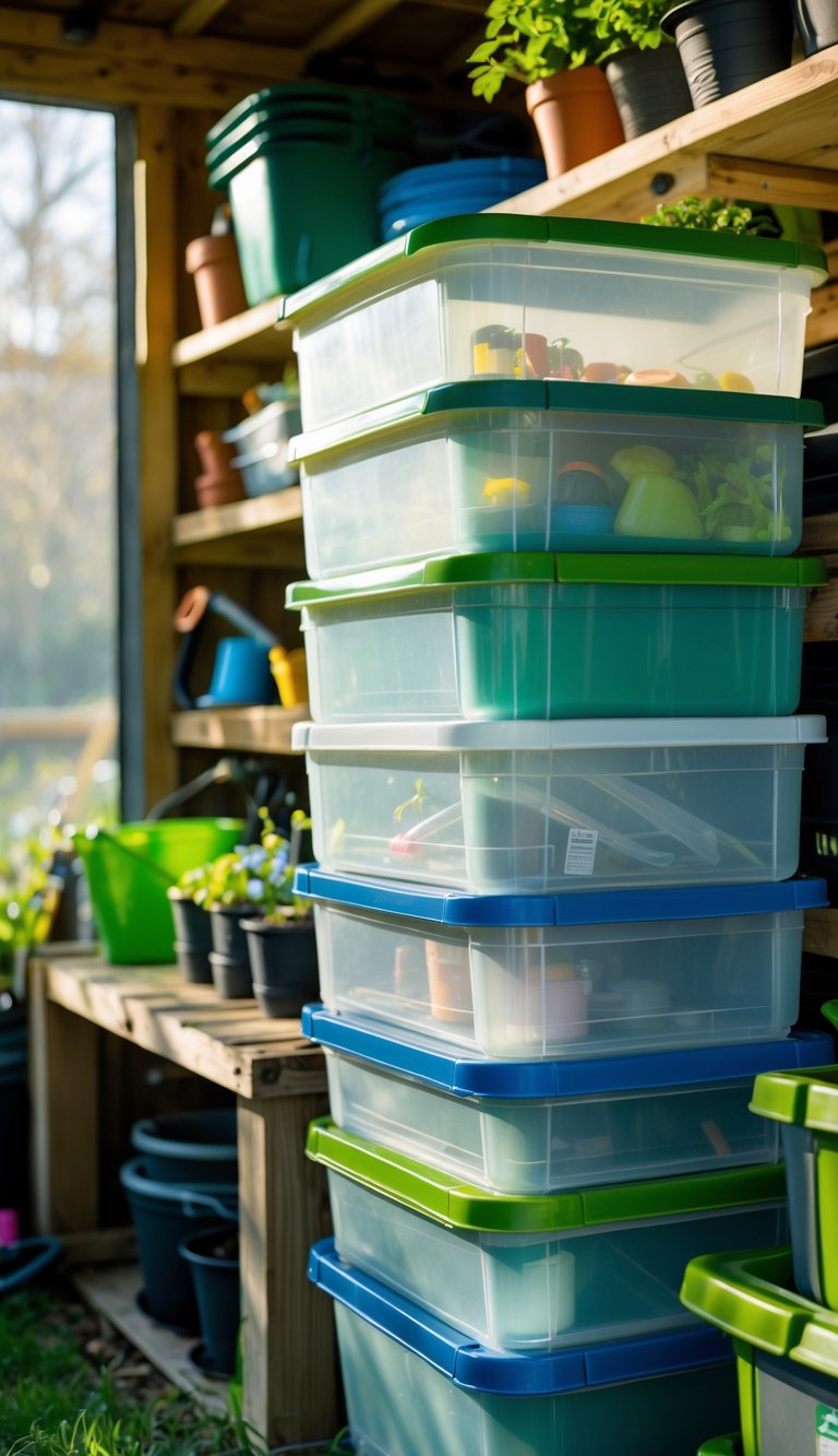 Stackable plastic storage bins with lids neatly arranged in a garden shed with gardening tools and supplies.