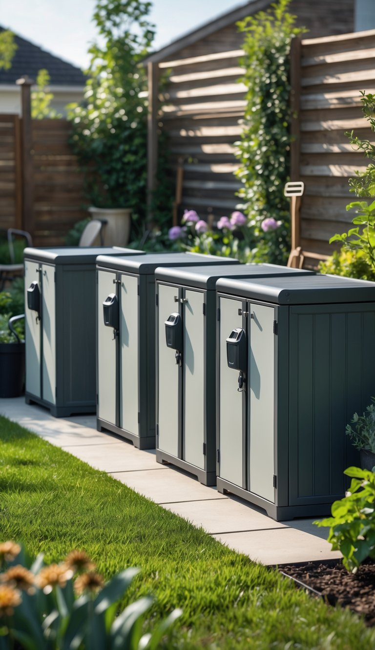 Outdoor garden with multiple storage cabinets featuring locking doors surrounded by plants and grass.