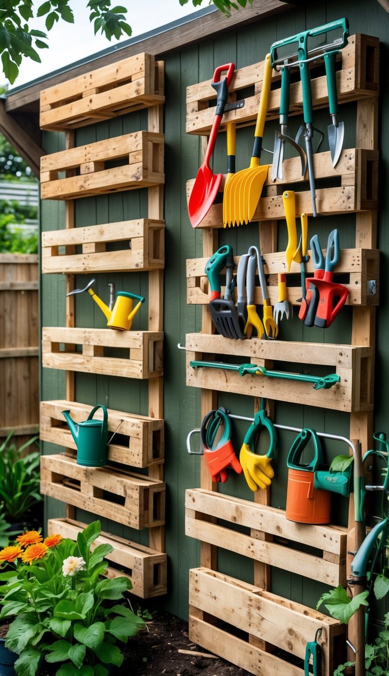 Wooden pallet racks holding various gardening tools organized on a garden shed wall with green plants and flowers in the background.
