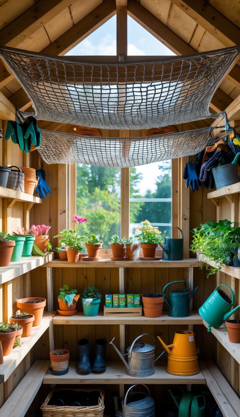 Interior of a garden shed with overhead ceiling storage nets holding gardening supplies and tools.
