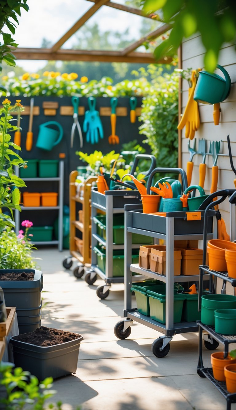Several rolling garden tool trolleys filled with gardening tools and supplies arranged in a tidy garden storage area with plants in the background.