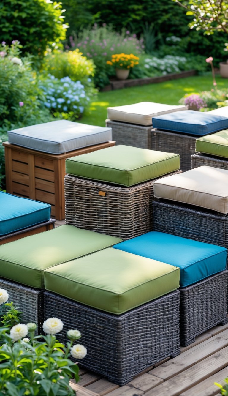 Several garden storage boxes with cushion tops arranged outdoors in a garden surrounded by plants and greenery.