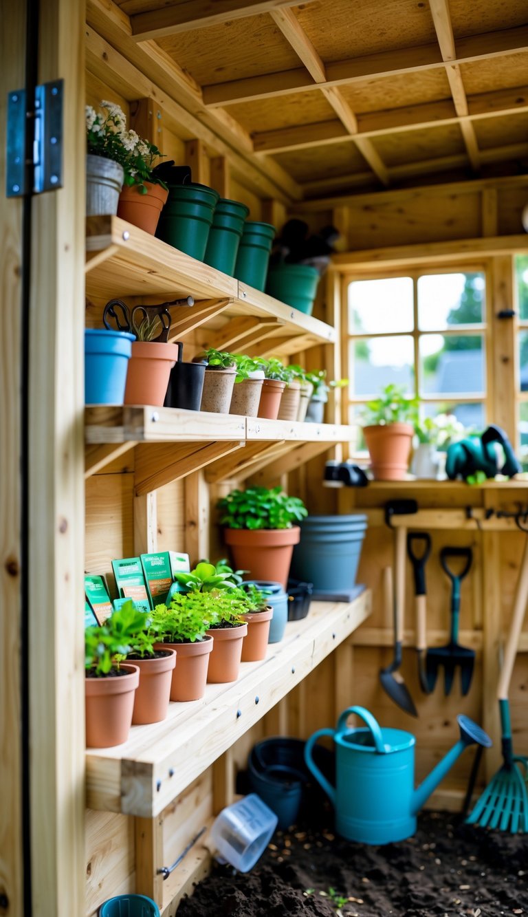 Interior of a garden shed with fold-down wall shelves holding gardening tools and supplies.