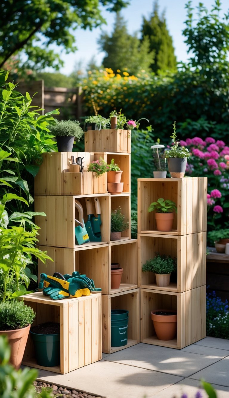 Modular wooden storage cubes arranged outdoors in a garden with plants and gardening tools inside them.
