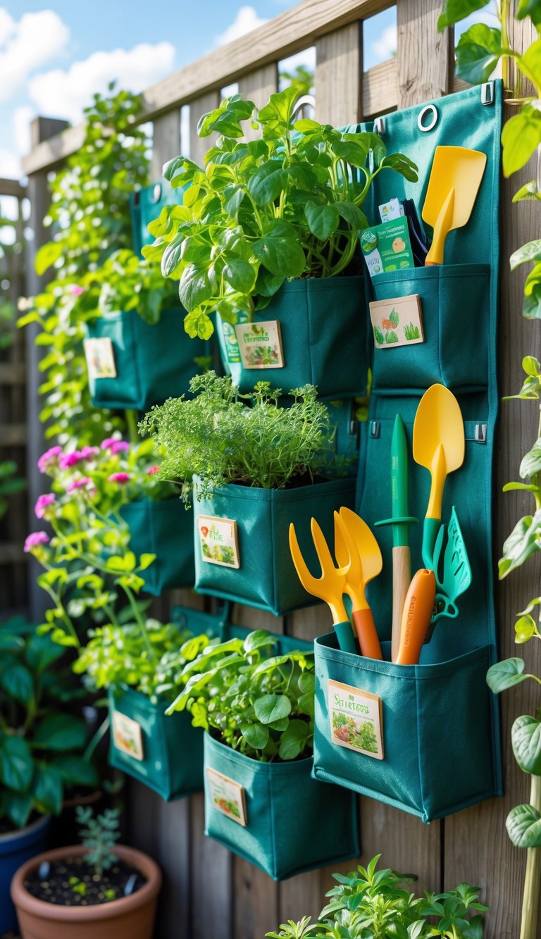 Hanging garden pots with storage pockets filled with plants and gardening tools in an outdoor garden setting.
