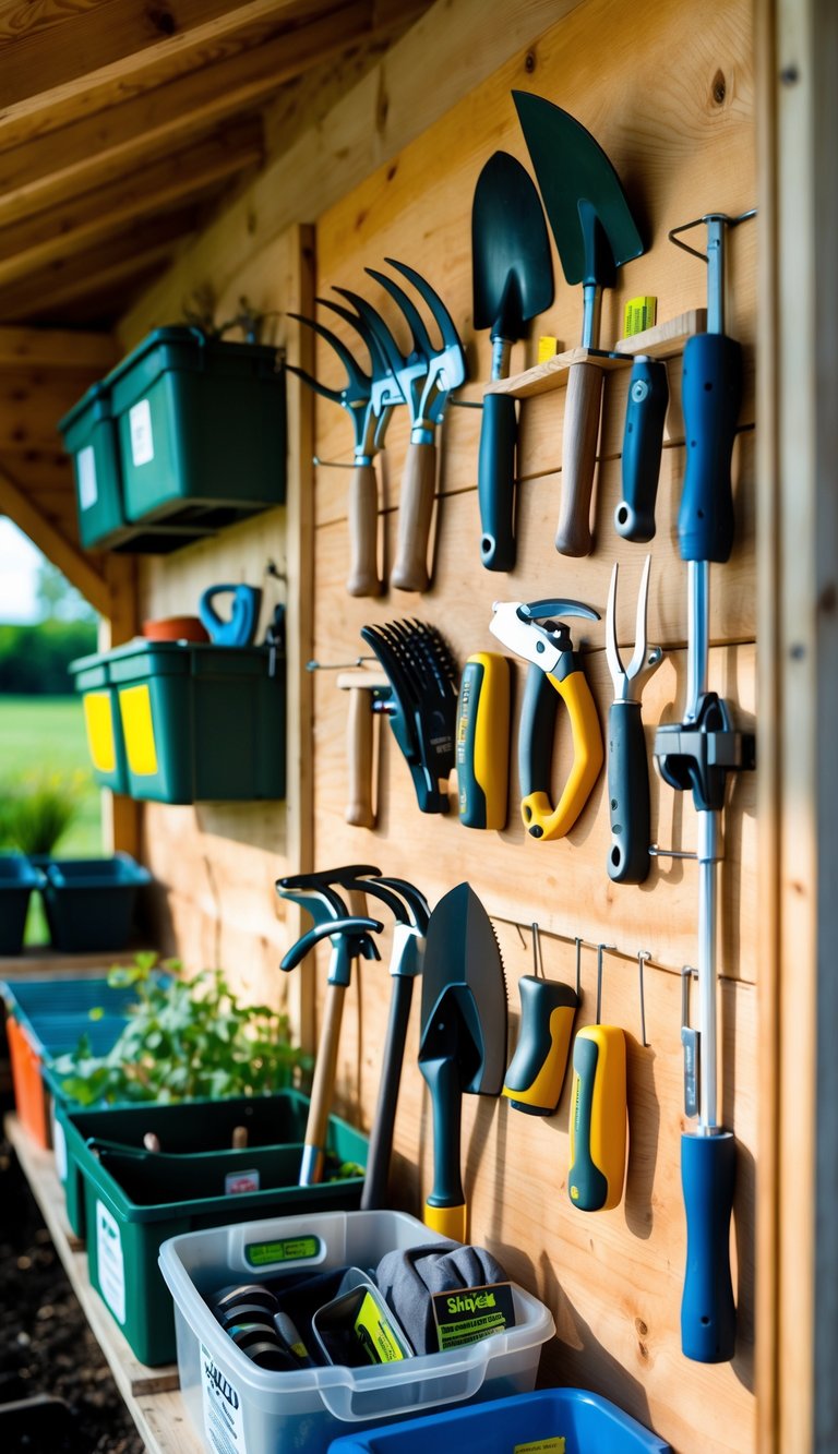 A garden shed wall with magnetic tool holders neatly organizing metal gardening tools and other storage items.