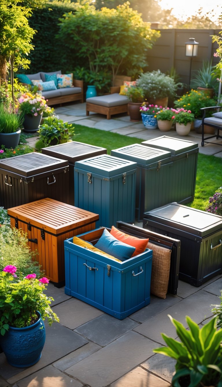 A garden scene with several weather-resistant storage trunks arranged on a patio surrounded by plants and flowers.