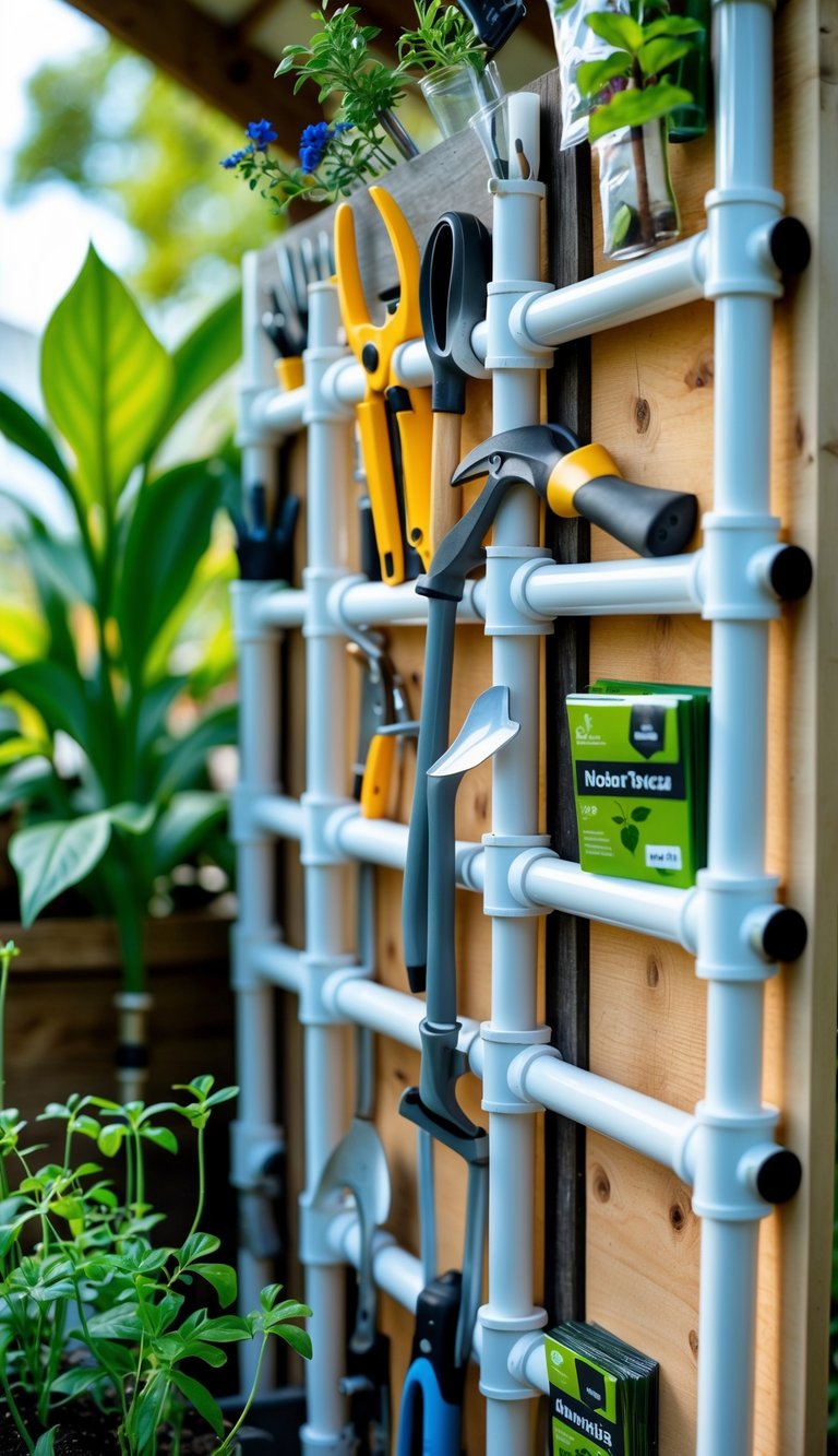 Organized garden workspace with PVC pipe holders storing small gardening tools like shears and trowels on a wooden board.