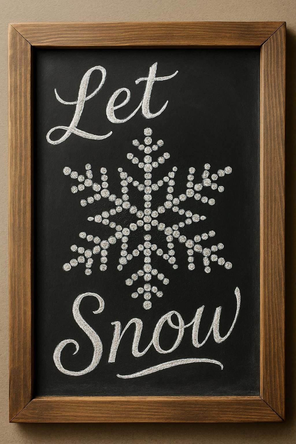 A wood-framed chalkboard sign displaying a snowflake made of small circles on a clean chalkboard surface.