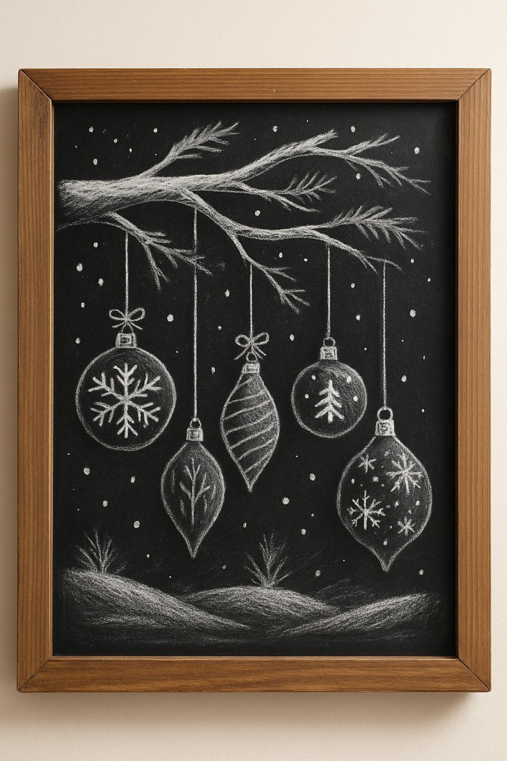 A wood framed chalkboard with Christmas ornaments hanging from a branch drawn in chalk.