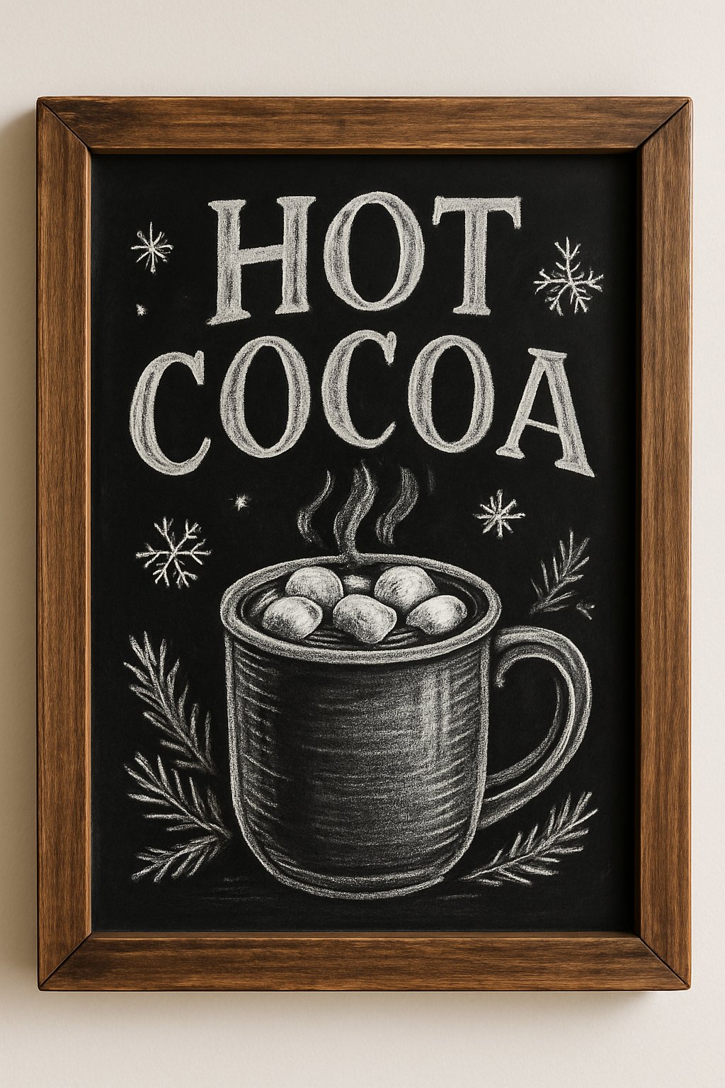 A chalkboard sign with a drawing of a steaming hot cocoa mug surrounded by winter elements like snowflakes and pine branches.