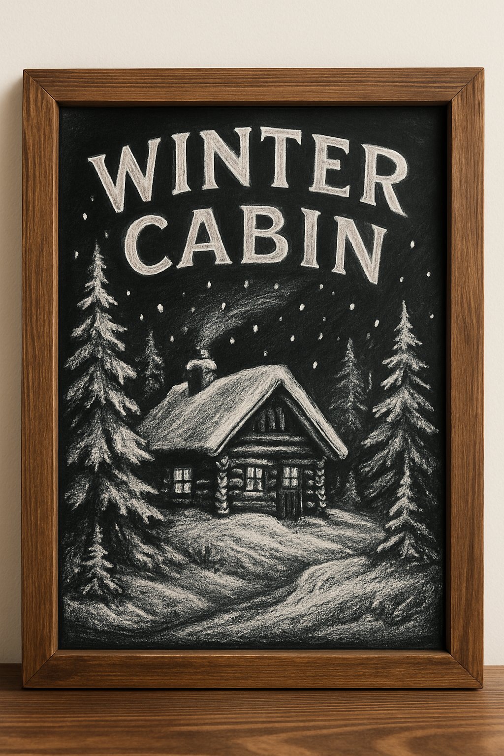 A chalkboard sign showing a winter cabin surrounded by snow-covered trees and falling snowflakes.