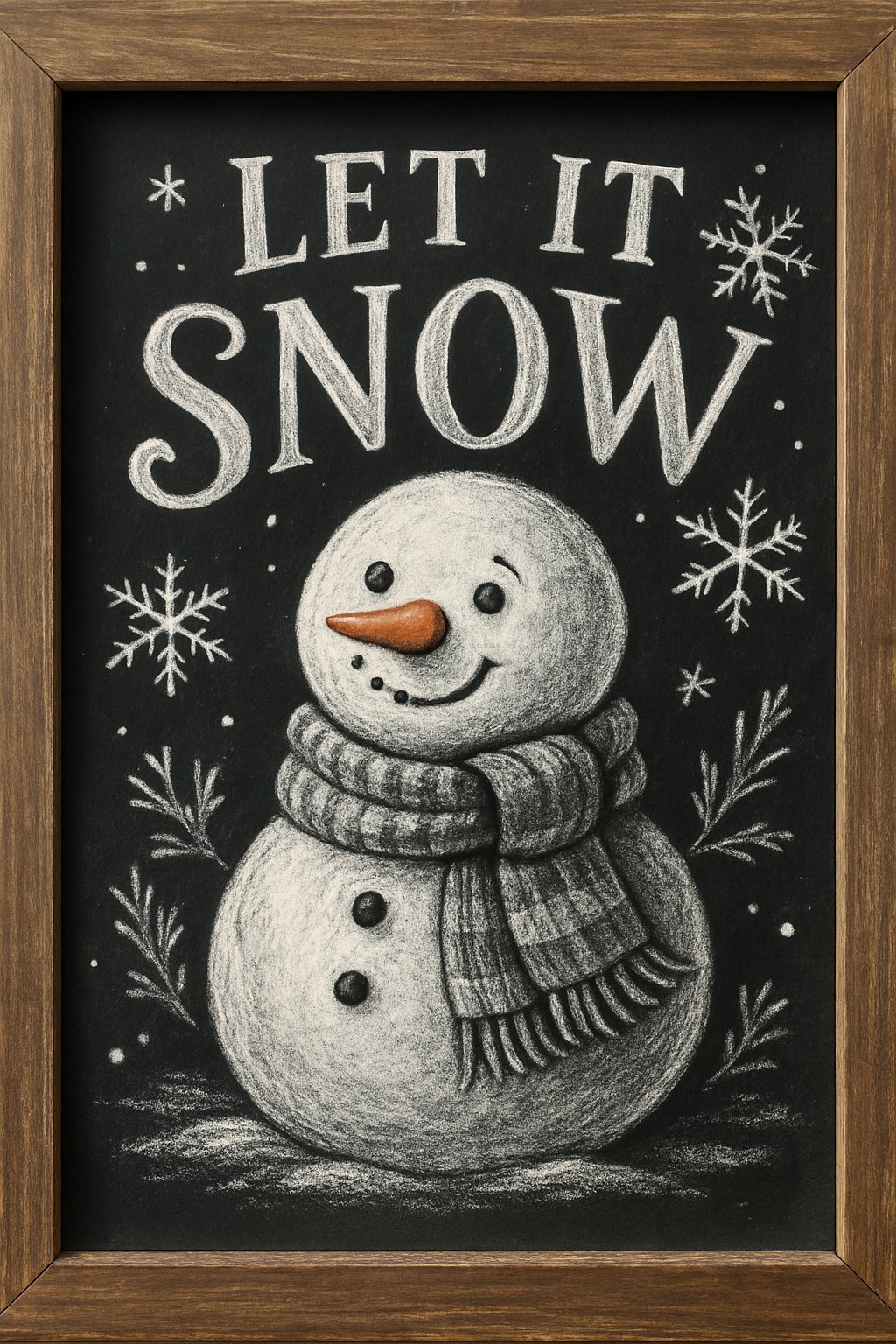 A chalkboard sign with a snowman wearing a scarf surrounded by winter decorations.