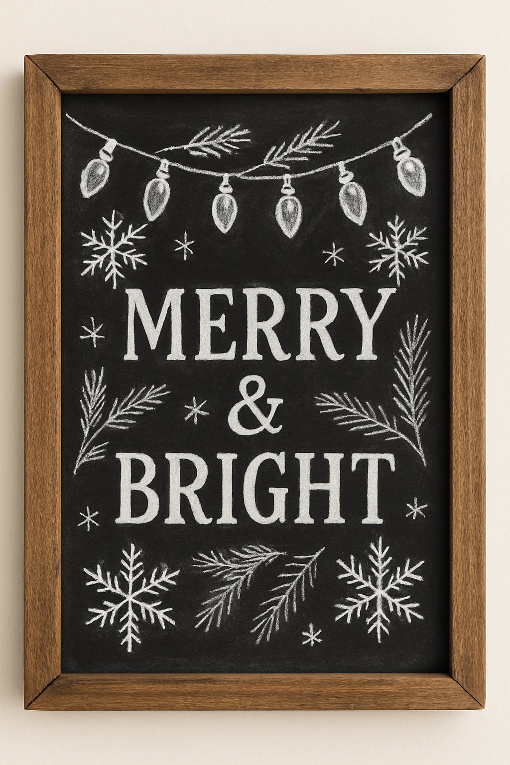 A wood framed chalkboard sign with a drawing of holiday lights and winter-themed decorations.