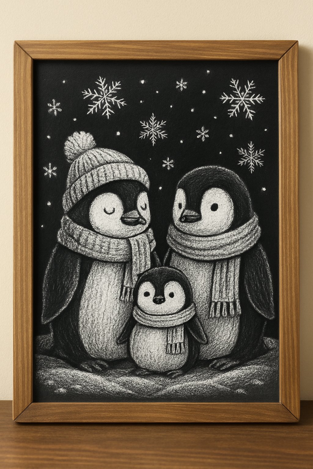 A wood framed chalkboard sign depicting a family of penguins in a winter scene with snowflakes and snow drifts.