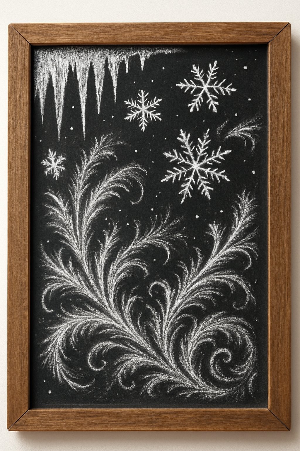 A wooden framed chalkboard displaying detailed chalk drawings of frosty windowpanes with snowflakes and icicles.