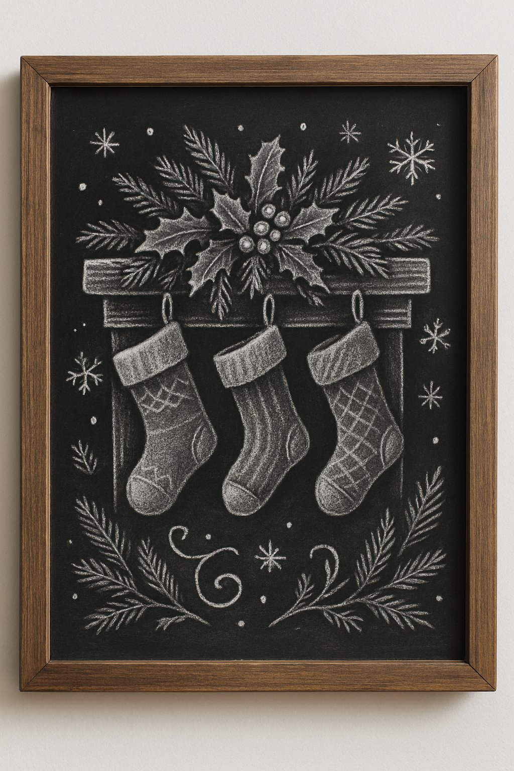 A chalkboard sign with a wooden frame depicting Christmas stockings hanging on a mantel surrounded by winter decorations.