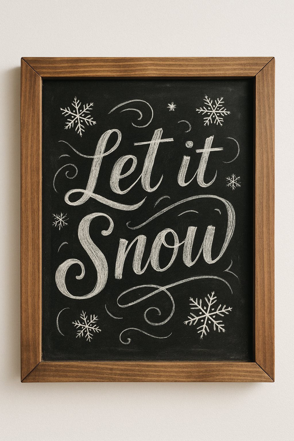 A wood framed chalkboard sign with winter-themed lettering and snowflake decorations on a clean background.