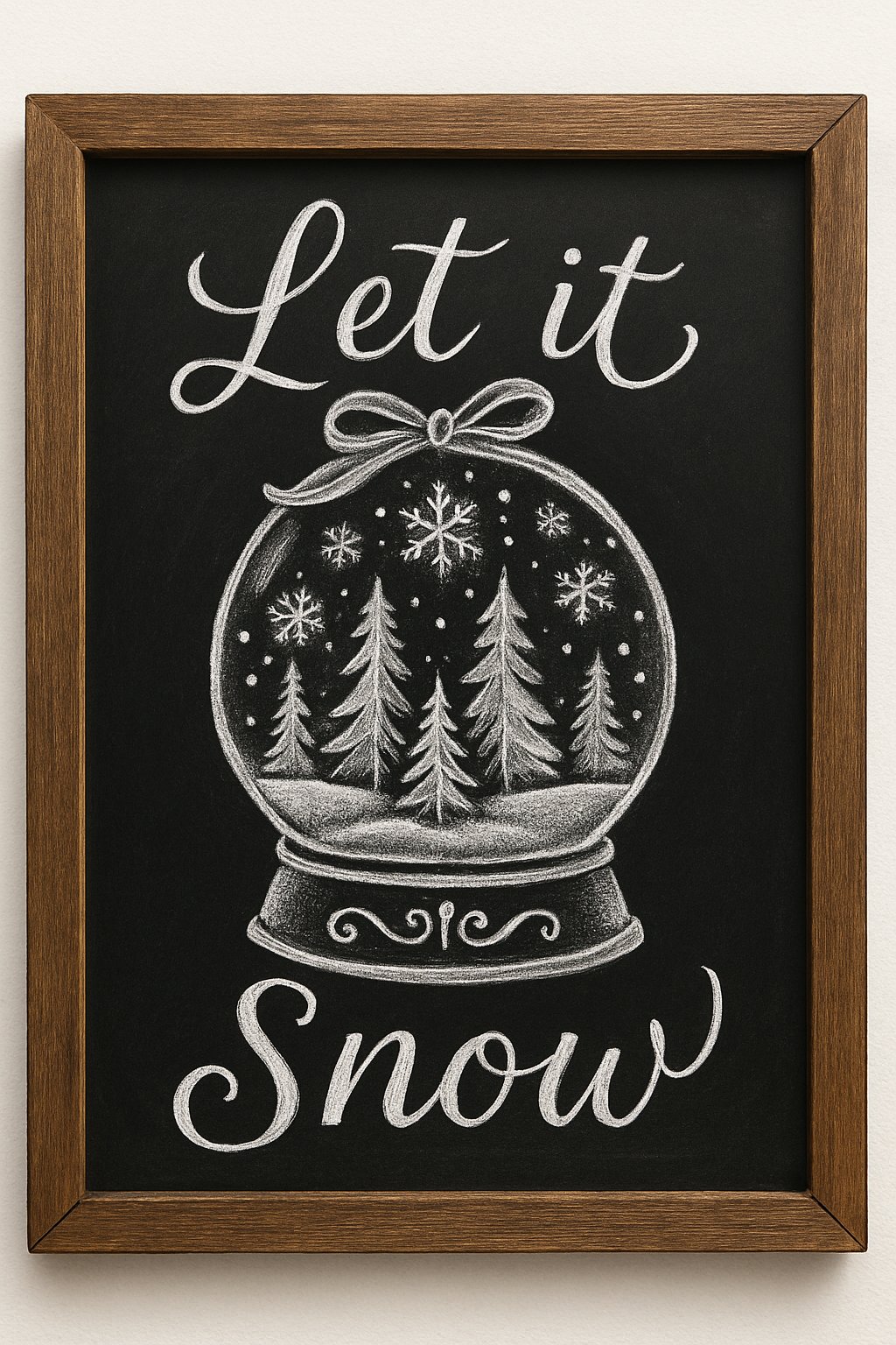 A wood framed chalkboard displaying a detailed drawing of a snow globe with snowflakes and pine trees inside.
