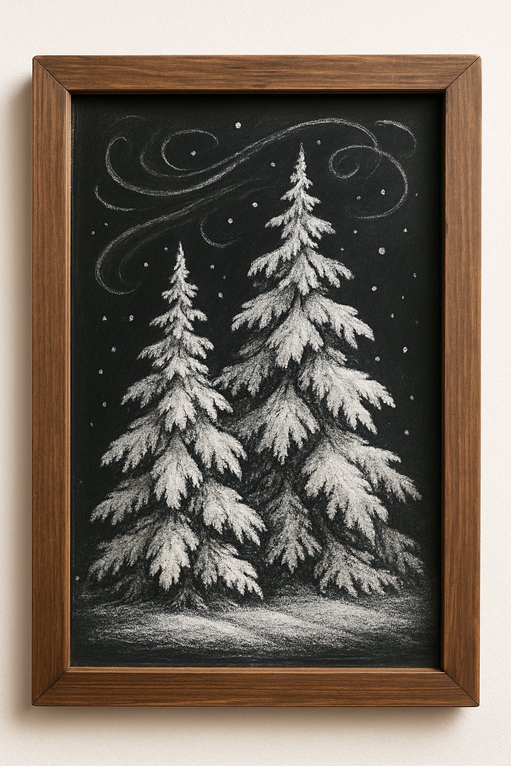 A wood framed chalkboard sign displaying an artistic illustration of snow-covered evergreen trees.