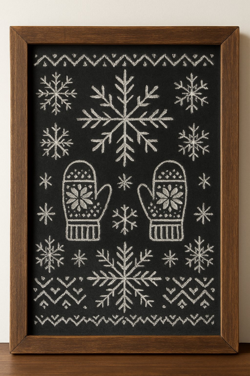 A wood-framed chalkboard displaying detailed winter sweater pattern designs with snowflakes and mittens on a clean background.