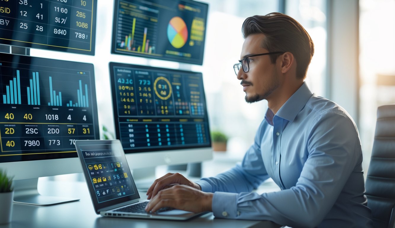 Seorang profesional di kantor modern sedang menganalisis data prediksi togel dengan layar digital dan grafik.