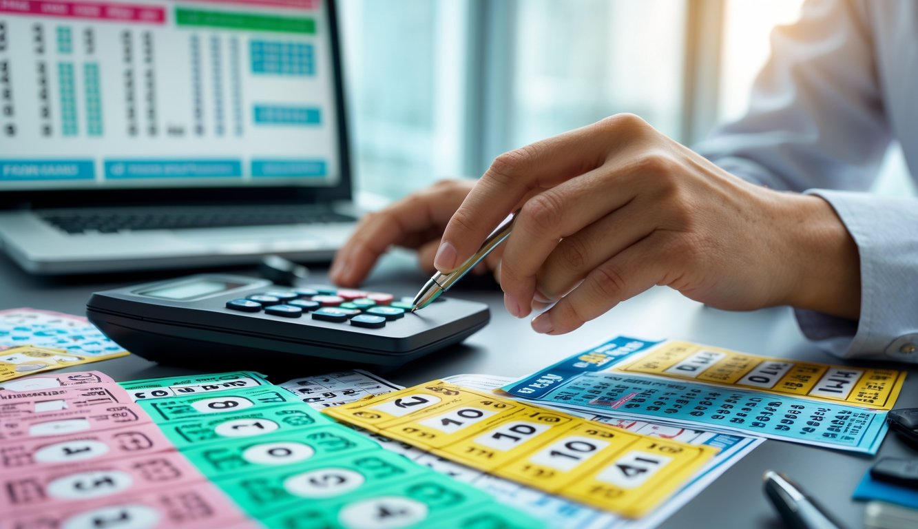 Tangan seseorang sedang memegang tiket togel dan melihat lembar angka di atas meja dengan kalkulator dan pena.