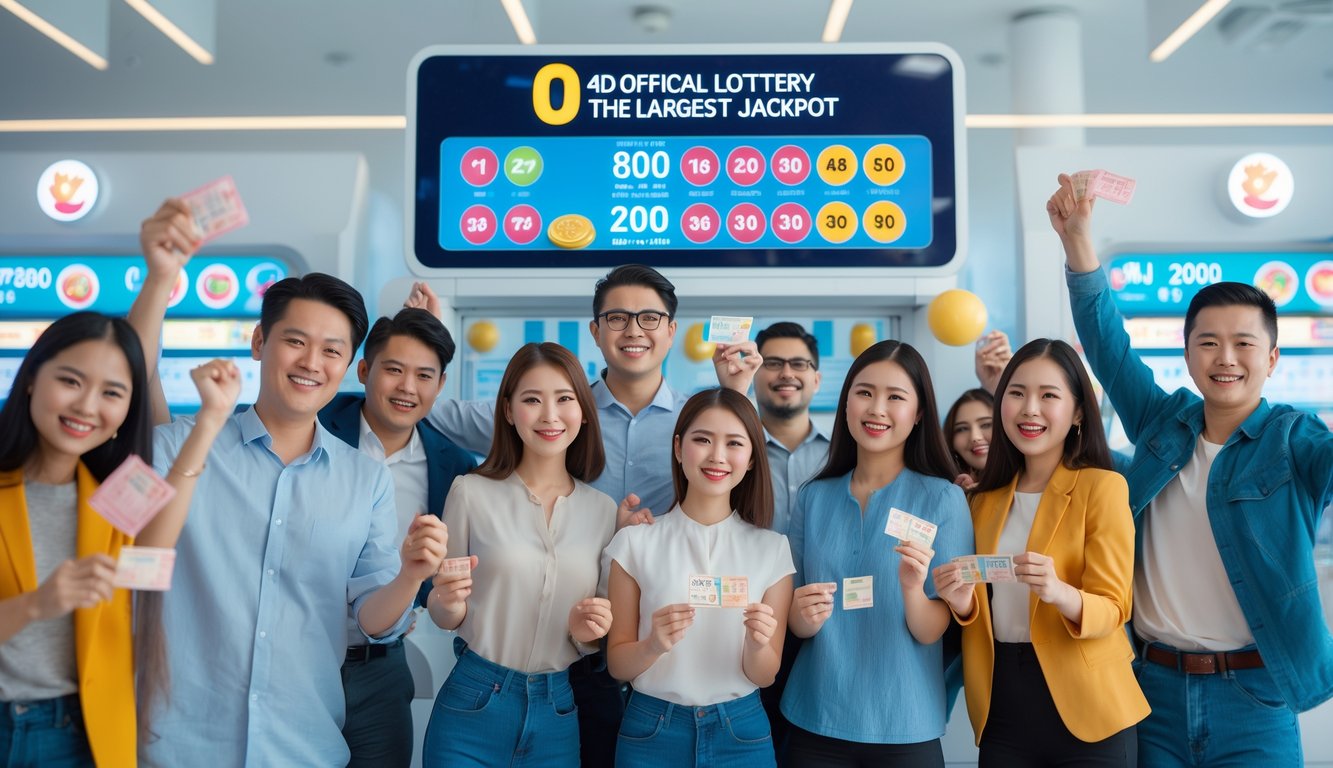 Orang-orang bersemangat membeli tiket togel 4D di sebuah loket resmi dengan tampilan angka dan hadiah jackpot besar.