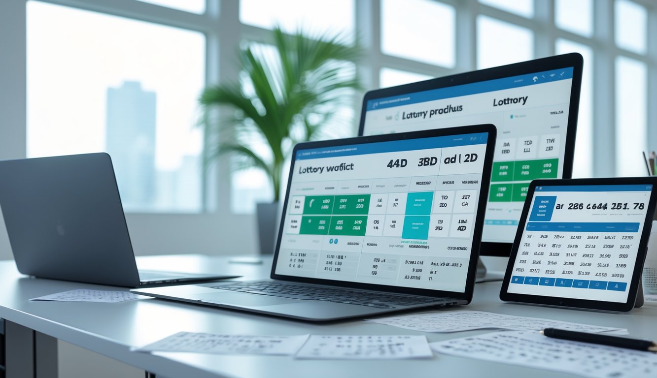 Meja kerja modern dengan perangkat digital dan kertas berisi data angka untuk prediksi togel 4D, 3D, dan 2D.