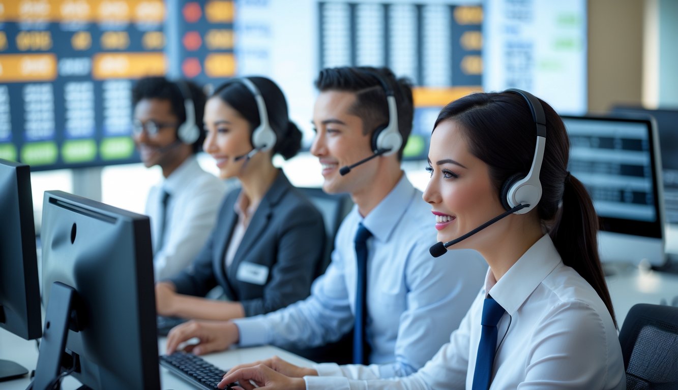 Tim layanan pelanggan yang ramah sedang bekerja di kantor modern dengan komputer dan headset.