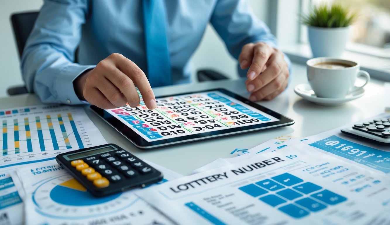 Tangan seseorang sedang menganalisis angka togel menggunakan tablet dan kertas di atas meja kerja dengan alat tulis dan kopi.