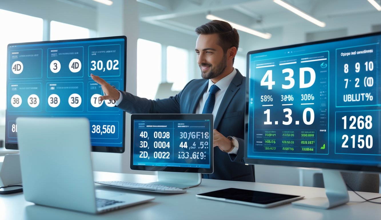 Seorang profesional di kantor modern dengan layar digital menampilkan data angka dan grafik terkait pasar togel online.