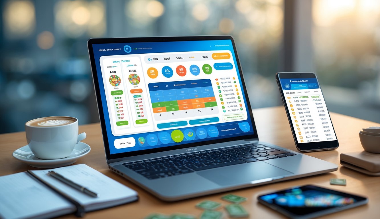 Sebuah laptop dan smartphone di meja kerja menampilkan antarmuka lotere online dengan grafik dan angka, dikelilingi oleh cangkir kopi dan buku catatan.