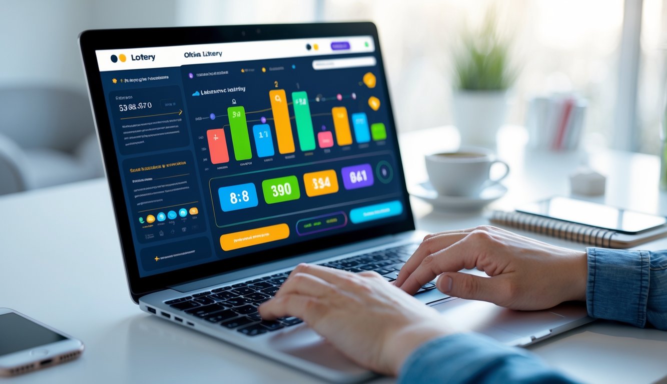 Seseorang menggunakan laptop di meja kerja dengan tampilan situs togel online yang mudah dan cepat, dikelilingi oleh kopi, ponsel, dan alat tulis.