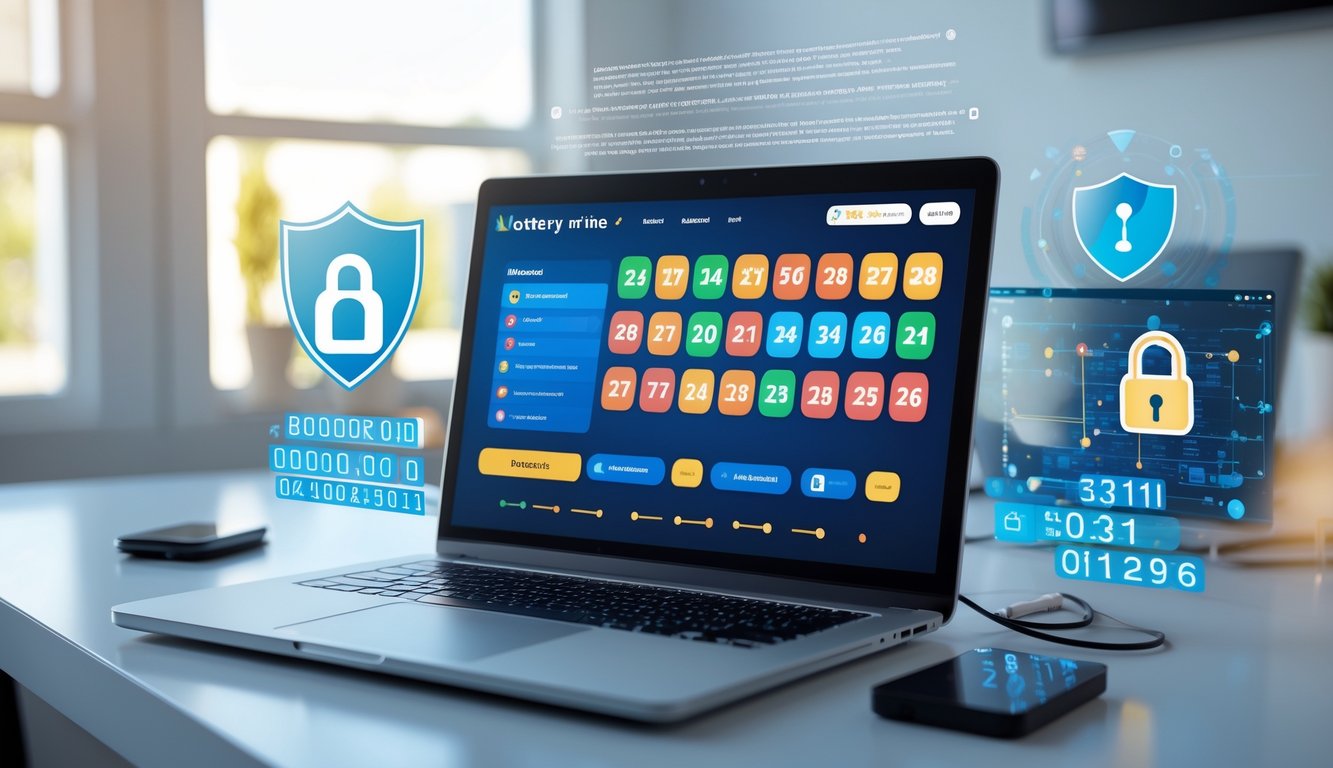 Sebuah laptop di meja kerja menampilkan antarmuka situs togel online dengan ikon keamanan di sekitarnya.