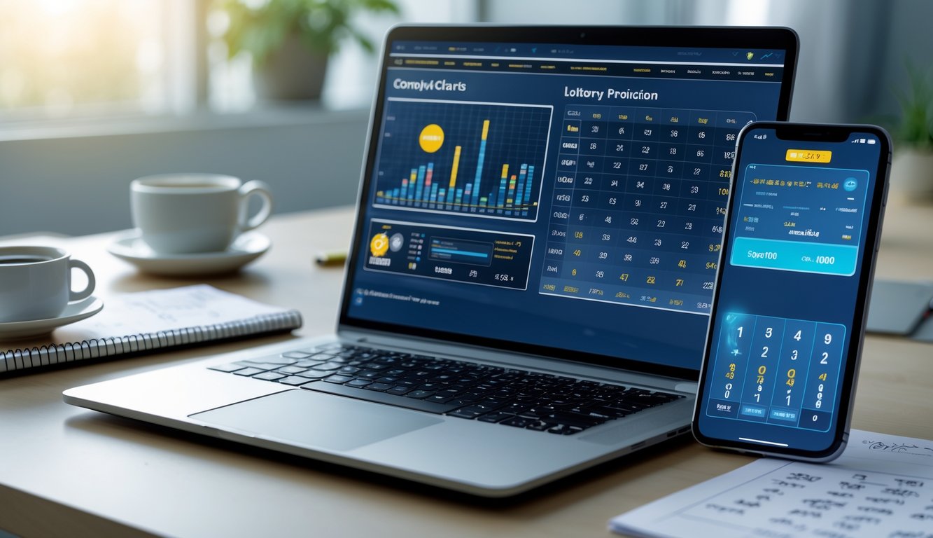 Meja kerja modern dengan laptop dan ponsel yang menampilkan data prediksi togel, dilengkapi dengan cangkir kopi dan catatan tulisan tangan.