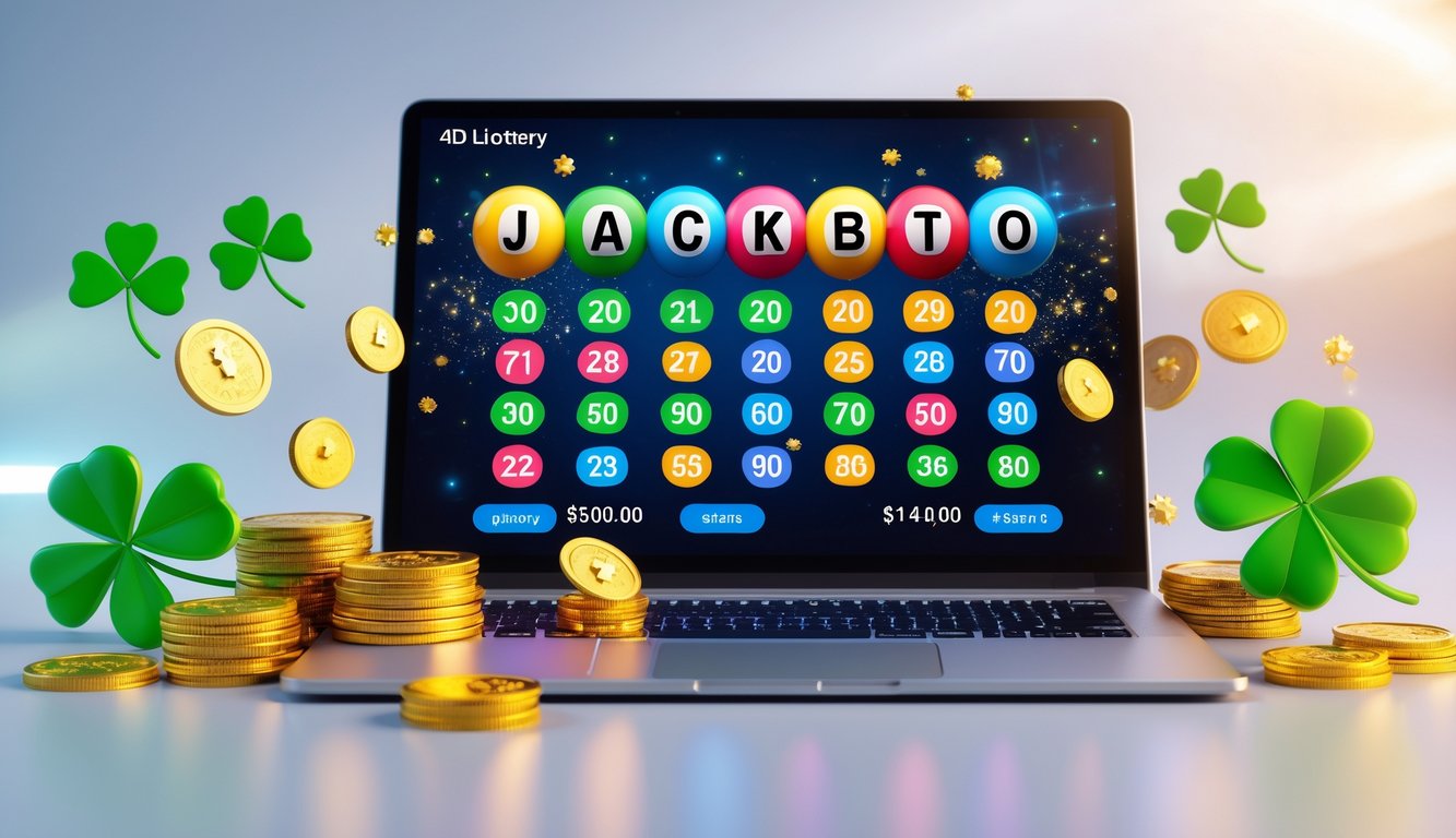 Sebuah perangkat digital menampilkan angka togel dengan koin emas dan simbol keberuntungan di sekitarnya.