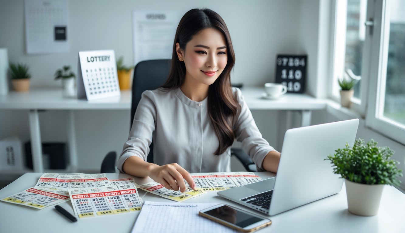 Seorang wanita muda duduk di meja dengan laptop, tiket lotere, dan catatan, terlihat fokus dan tersenyum di ruang kerja yang rapi.