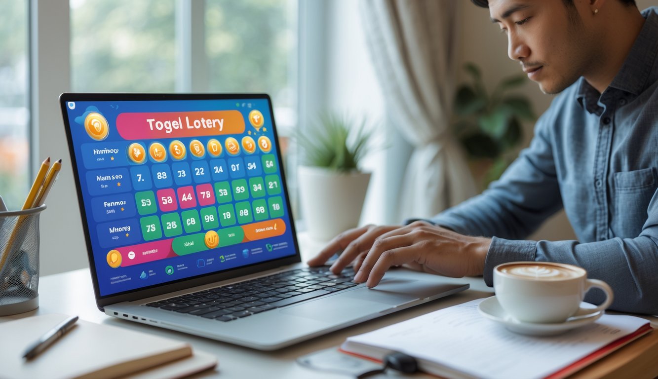 Seorang pemula sedang belajar bermain togel online di depan laptop di ruang kerja rumah yang nyaman.
