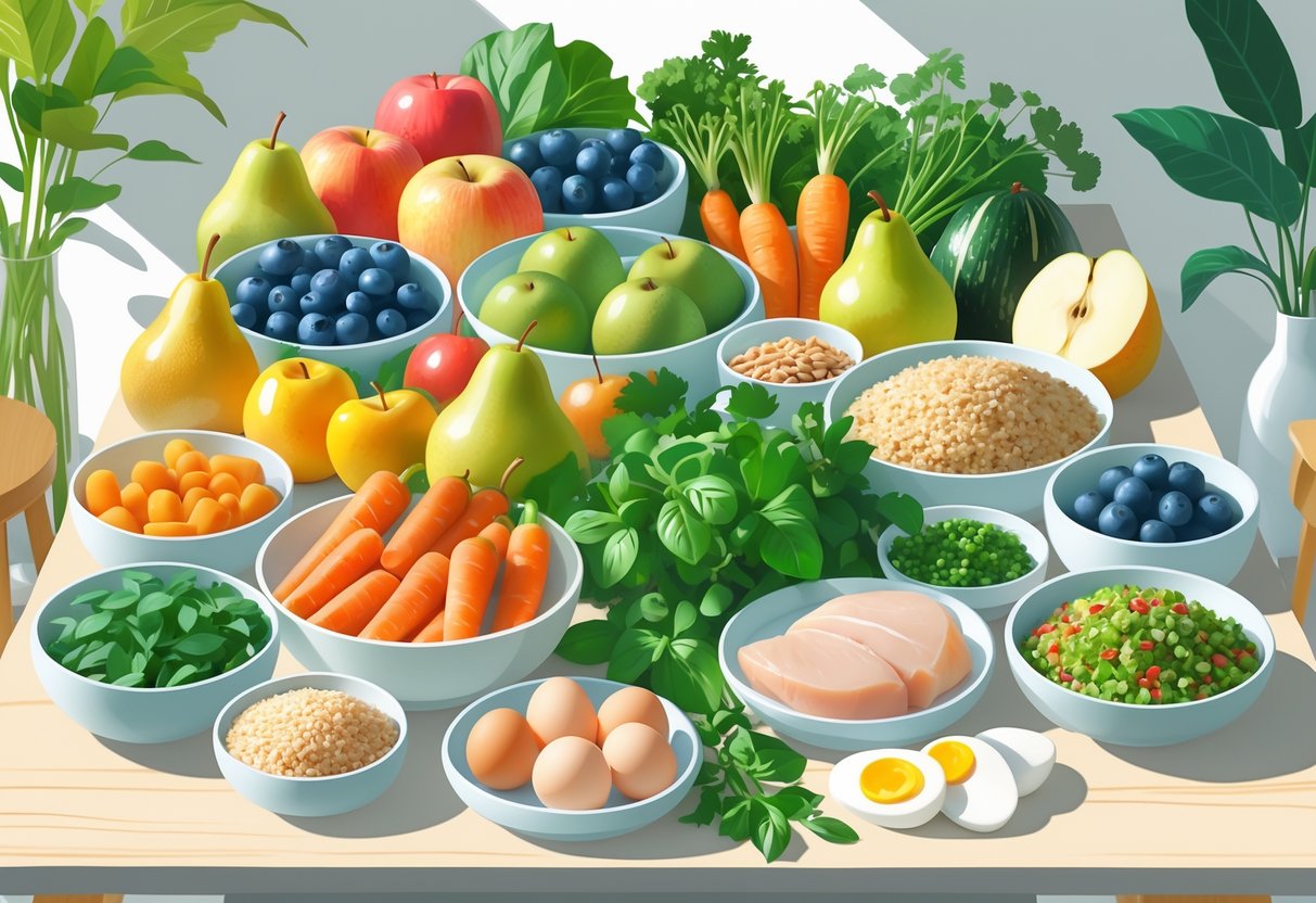 Разнообразные свежие продукты с низким содержанием гистамина, включая фрукты, овощи, цельное зерно, зелень и нежирные белки, разложены на деревянном столе.