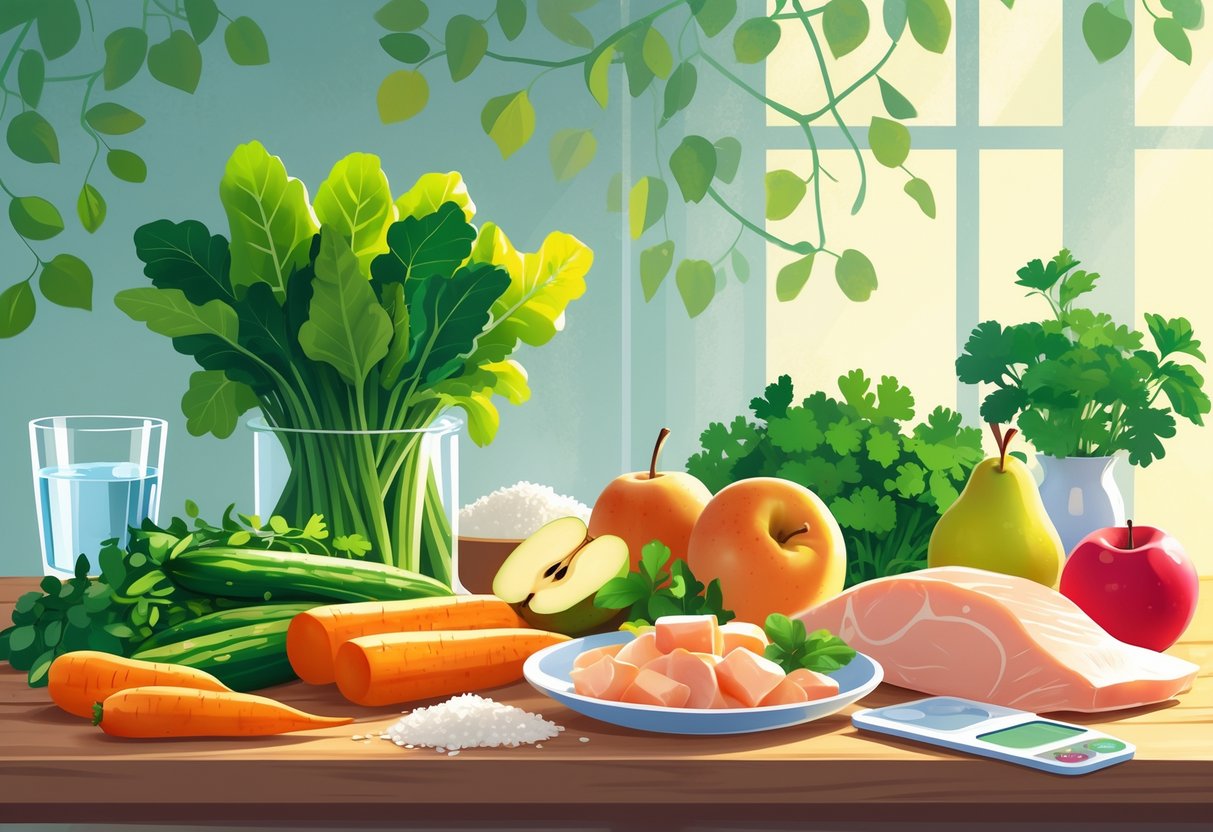 Ассортимент свежих продуктов с низким содержанием гистамина, включая овощи, фрукты, зелень и белки, разложенный на деревянном столе под естественным освещением.