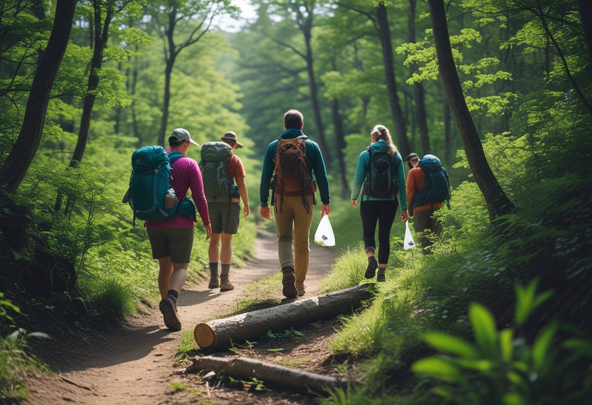A group of hikers walking on a forest trail surrounded by green trees, practicing responsible outdoor behavior.