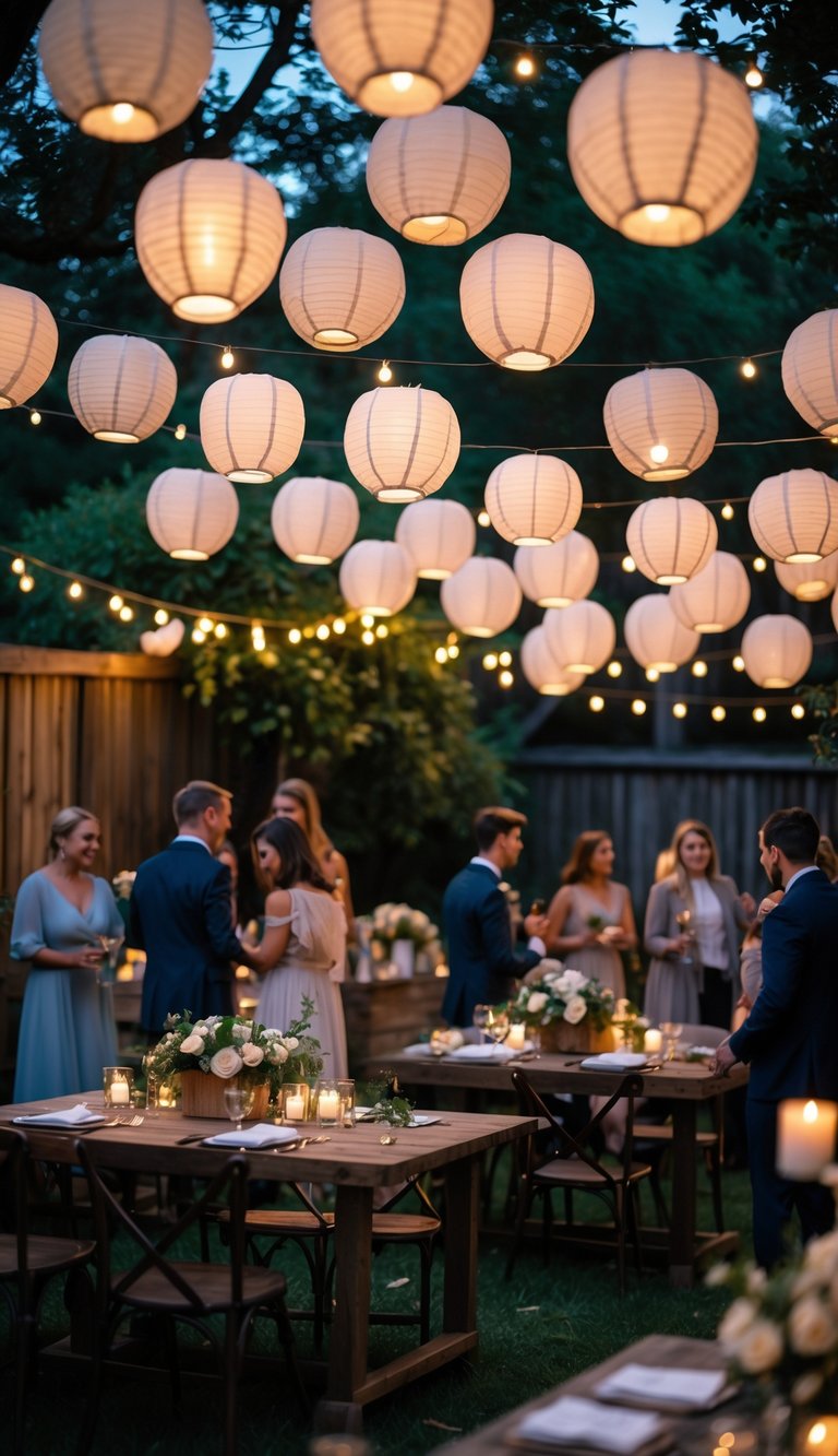 Small backyard wedding reception with paper lanterns floating above the outdoor seating area surrounded by greenery.