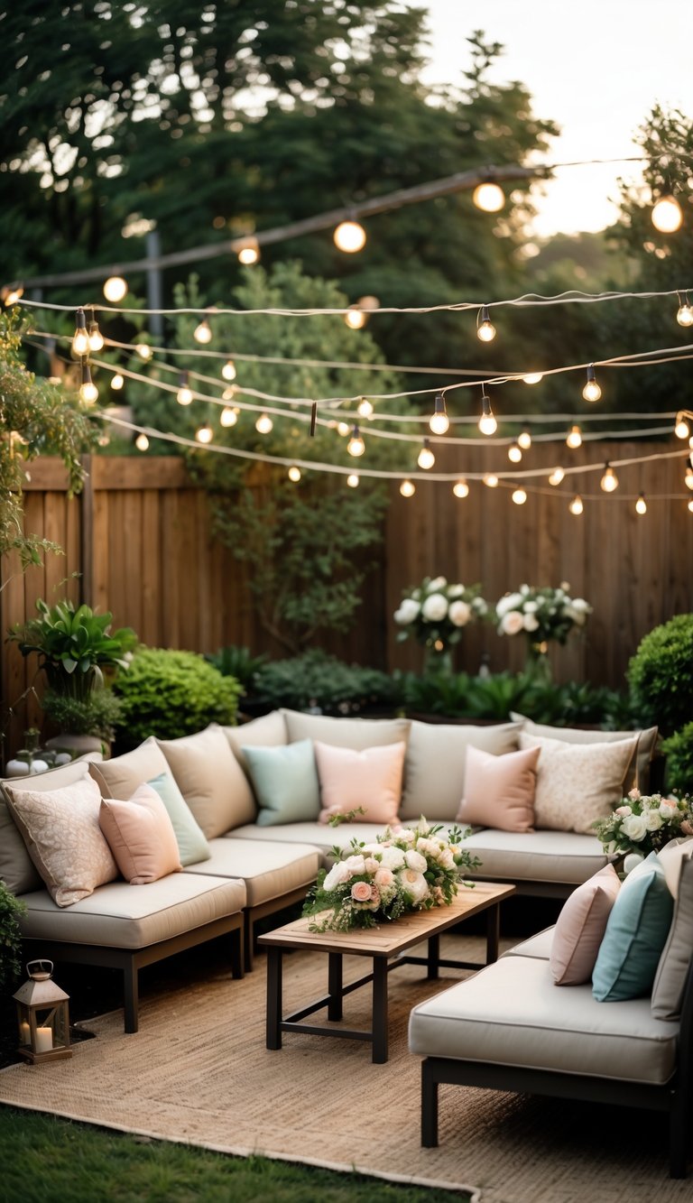 Outdoor lounge area with sofas and cushions set up for a small backyard wedding reception surrounded by plants and soft lighting.