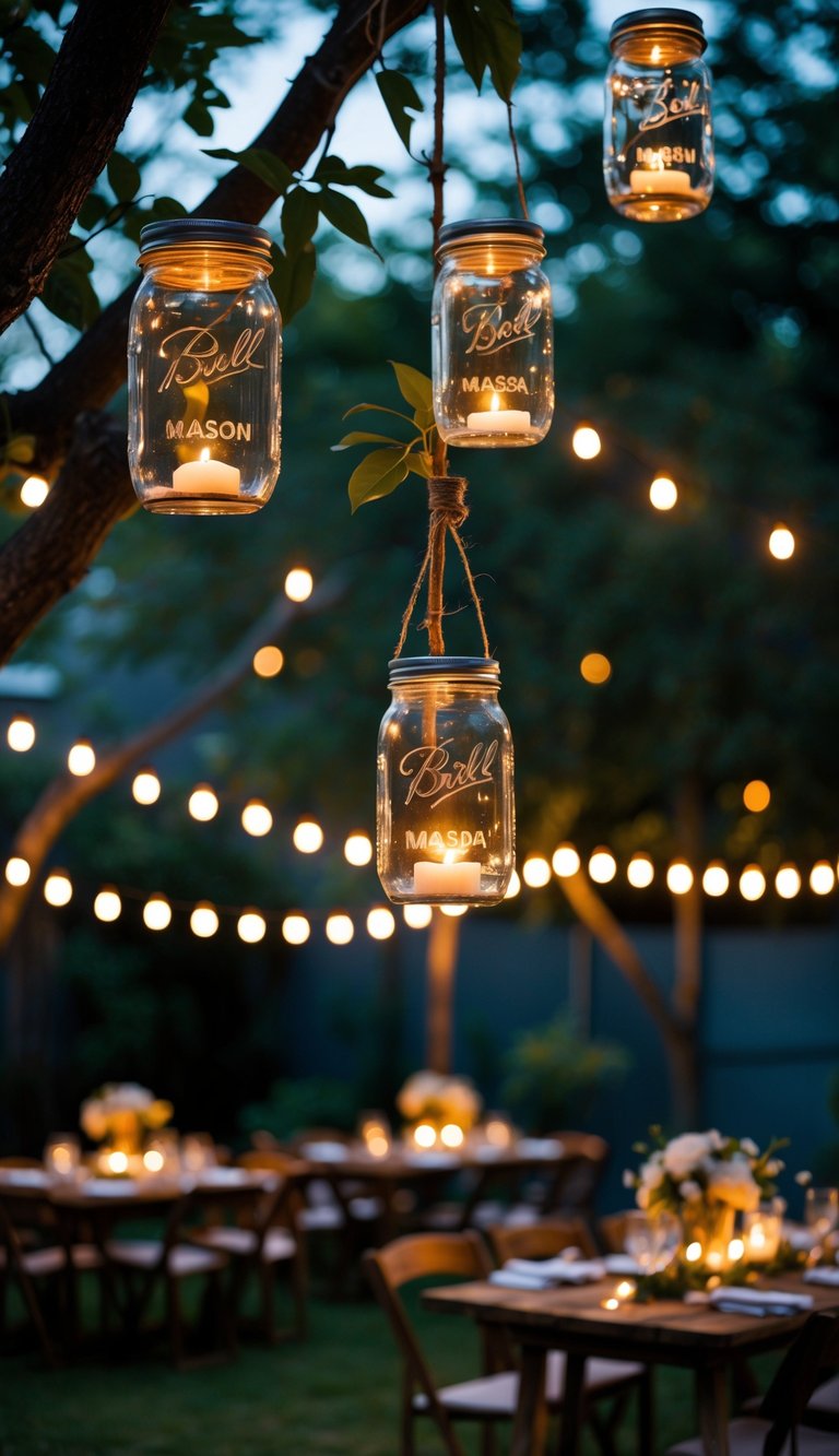 Small backyard wedding reception with hanging mason jar candles glowing from tree branches and tables set outdoors.