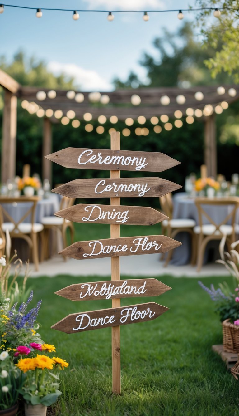 A small backyard wedding reception with personalized wooden signs directing guests among wooden chairs, tables with flowers, and string lights overhead.