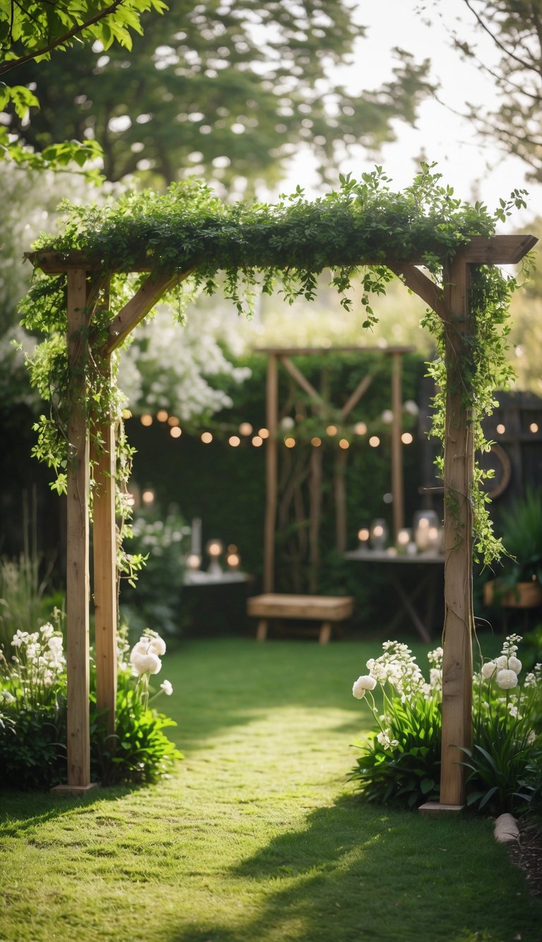 A simple rustic wooden arch decorated with green leaves set in a small backyard garden.
