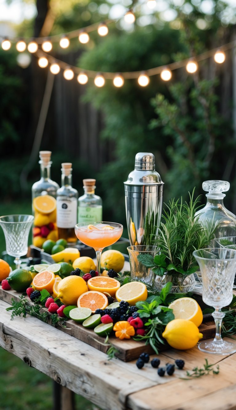 A backyard cocktail station with fresh fruits, herbs, bottles, and glassware arranged on a wooden table surrounded by greenery and string lights.