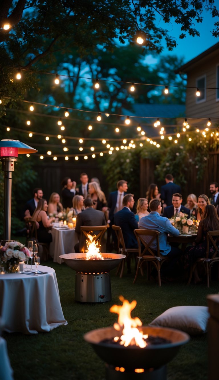 Small backyard wedding reception with outdoor heaters and fire pits, guests socializing around decorated tables under string lights.
